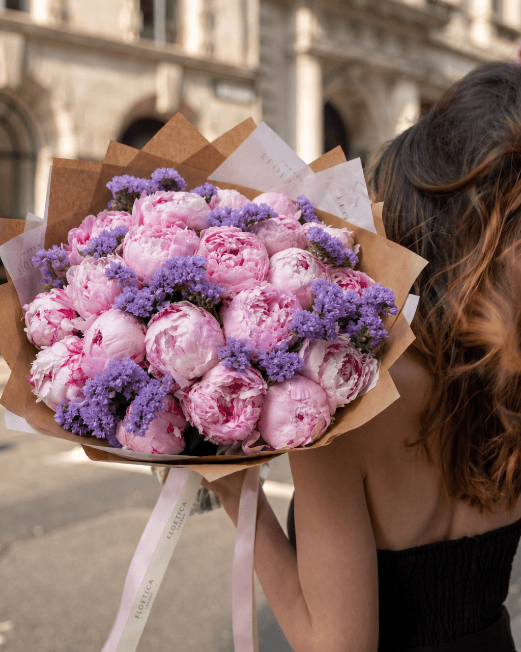 Sarah pink peony and soft lavender bouquet by Floetica London